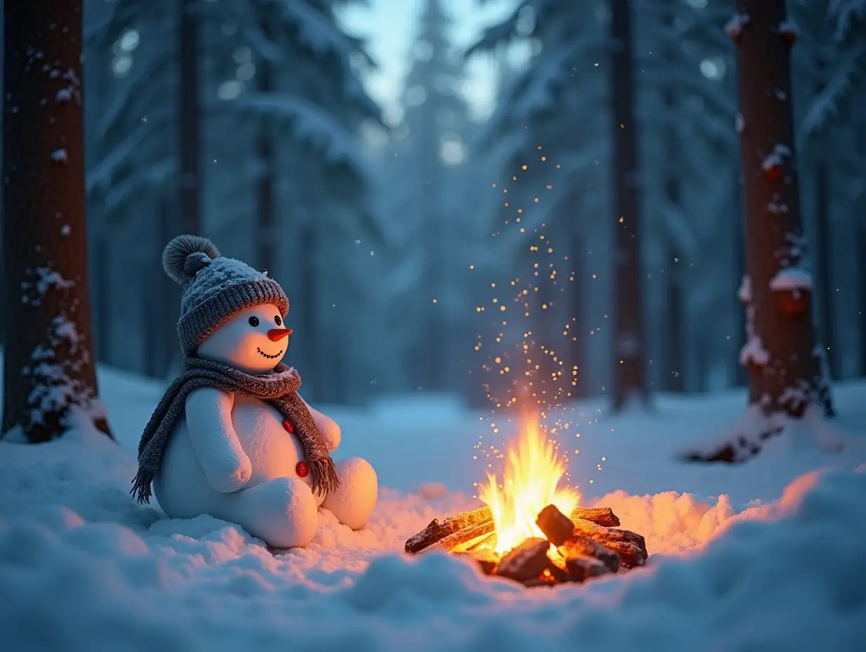 Snowman-Enjoying-a-Cozy-Campfire-in-a-Winter-Wonderland