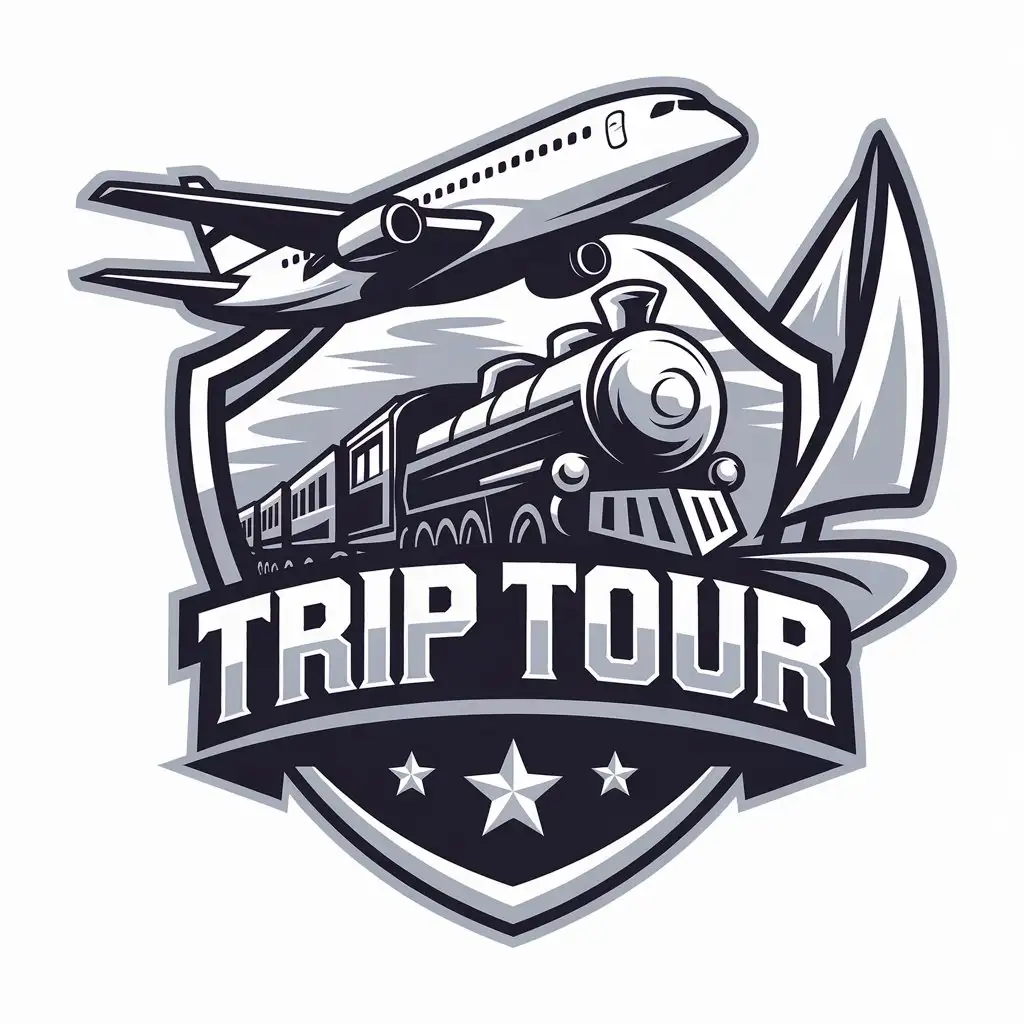 a vector logo design,with the text "trip tour", main symbol:airplane,train,sail,complex,be used in Travel industry,clear background