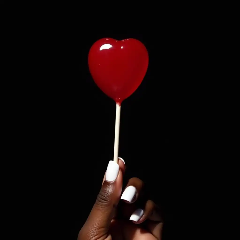 Black Womans Hand Holding Glistening Wet Red Lollipop