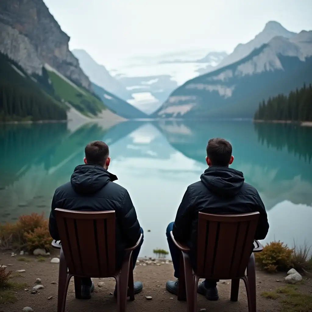 Two Men Sitting by a Lake