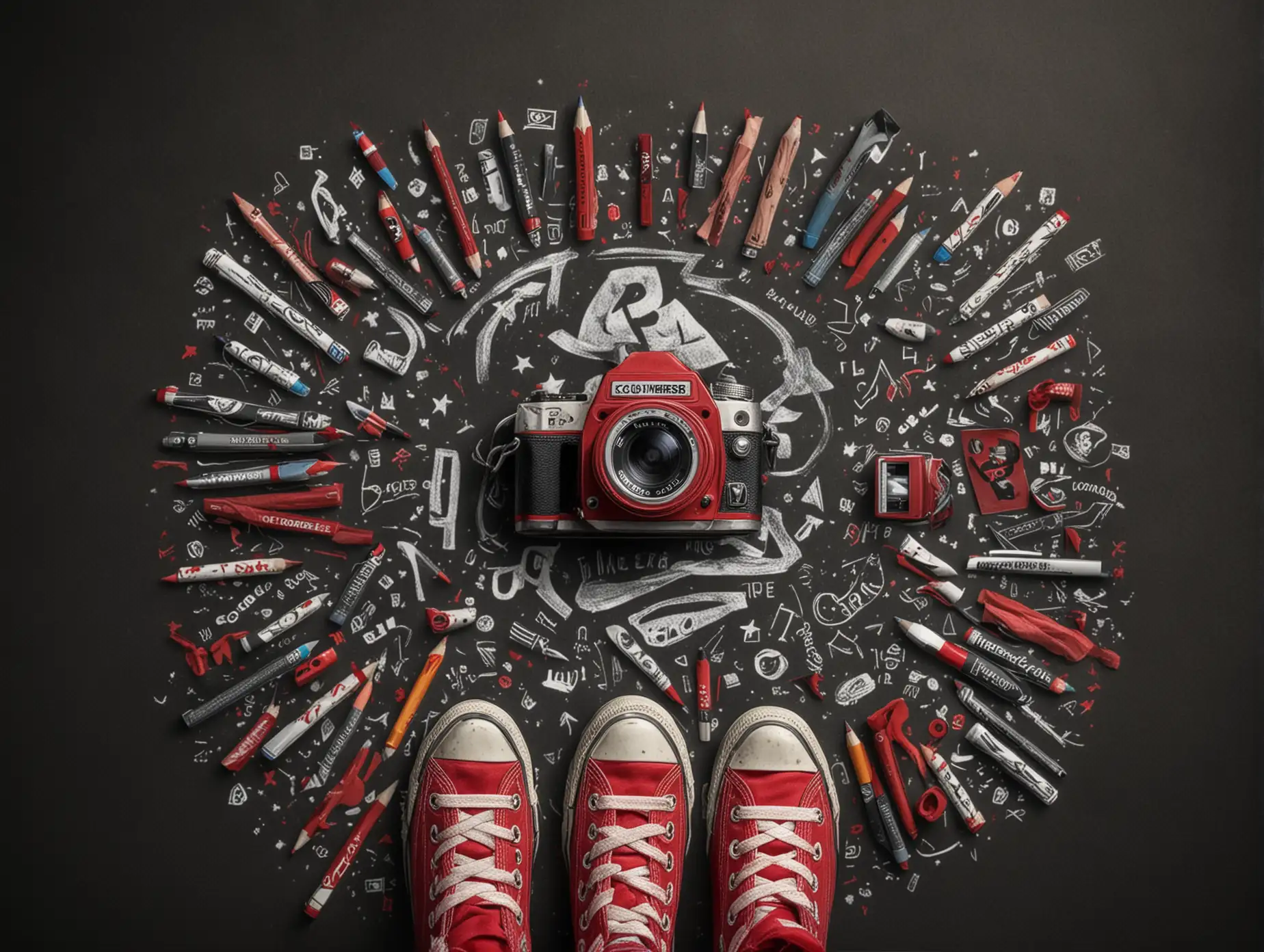 Cinematic-Logo-Design-with-Red-Converse-High-Tops-Retro-Camera-Drawing-Pencils-and-Initials-LD