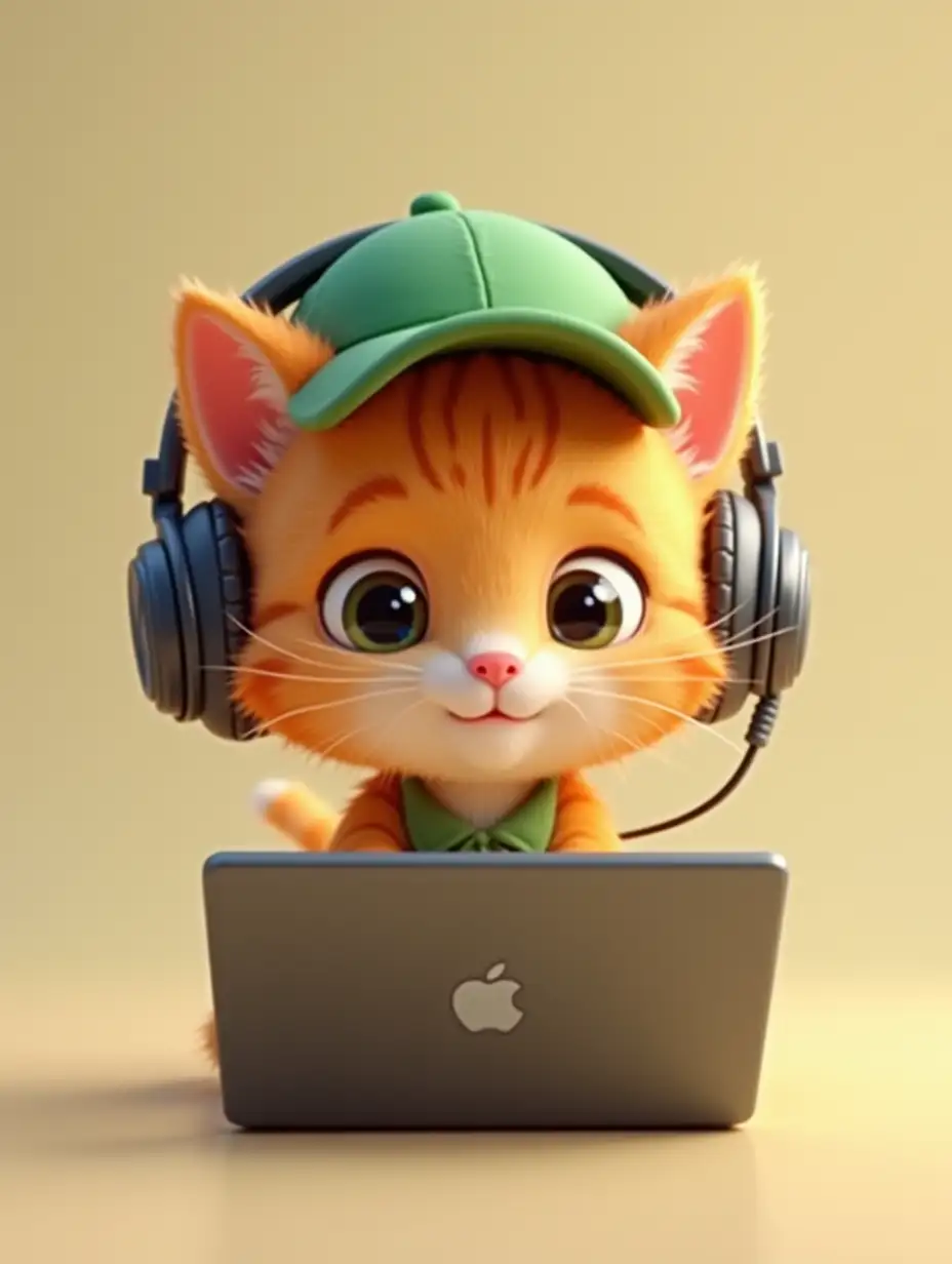 Front view. Cute little orange kitten in a green cap, with headphones with a microphone on his head, sits at a laptop. He looks straight ahead. In the style of a 3D cartoon