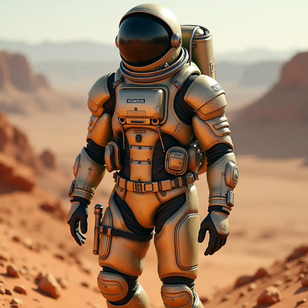 Male, humanoid, full body, space suit, astronaut, Apollo a7l, power armor, fallout, closed briefs, groin guard, full sealed, mars, flying,