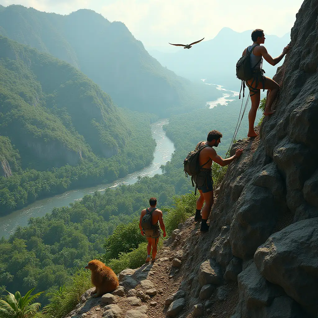 A group of people is climbing the mountain during the Paleogene era, using harnesses for safety as they navigate an unstable, volcanic landscape with loose rocks and debris, making the climb challenging. Below them, lush tropical forests filled with gigantic ferns and primitive palm trees stretch across the slopes. In the distance, rivers wind through the jungle, creating breathtaking views. Around the climbers, primitive mammals cautiously roam the area, while early birds with reptilian features soar overhead. Other prehistoric animals, adapting to this newly forming world, can be seen exploring both the forest and rocky areas. The warm, humid air enhances the feeling of being in a world still undergoing transformation.