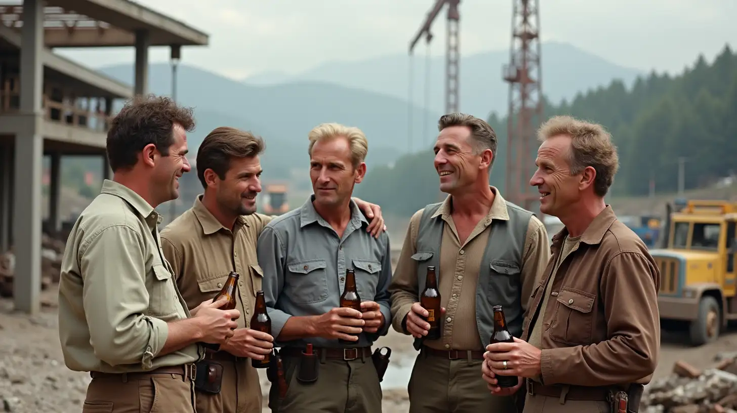 1950s Swiss construction site: a group of 40-year-old men with mixed hair, holding beer bottles, taking a break, with workers and heavy construction in the background.