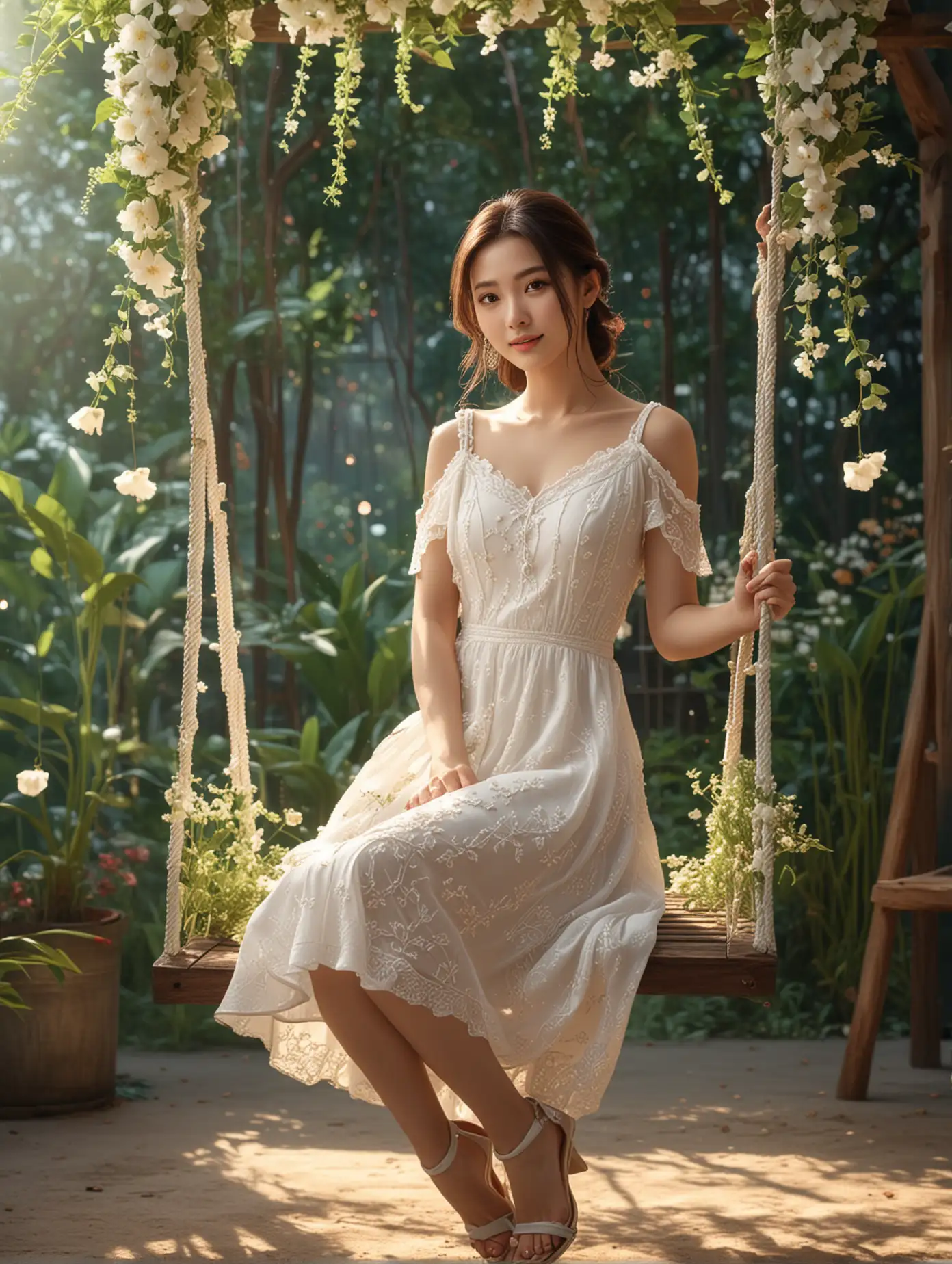 A beautiful Taiwanese girl, wearing a white light dress, sits on a swing. The swing has a design with flowers and plants, a romantic and beautiful atmosphere, 3D, rendering