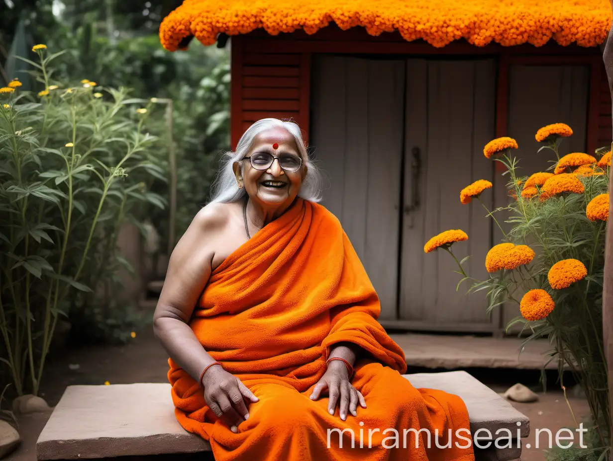 Joyful Indian Hindu Woman Monk Laughing in Marigold Garden