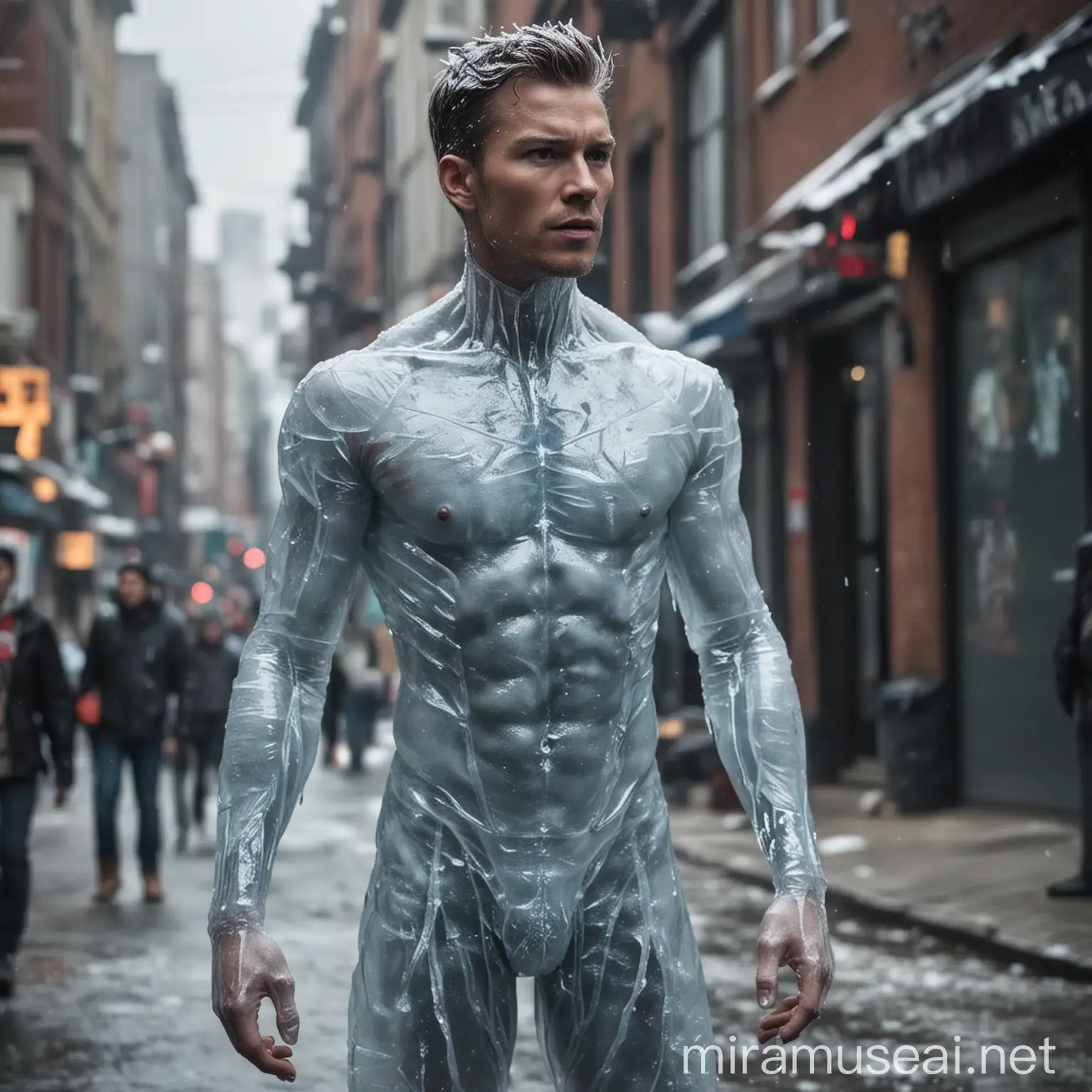 Iceman with Frozen Body in Urban Setting