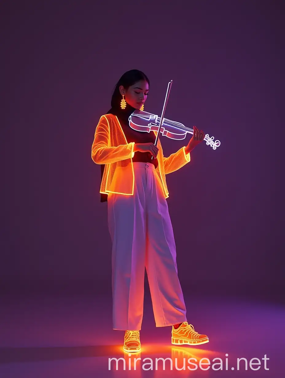 Futuristic Hijab Character Playing Electronic Violin in Dark Studio