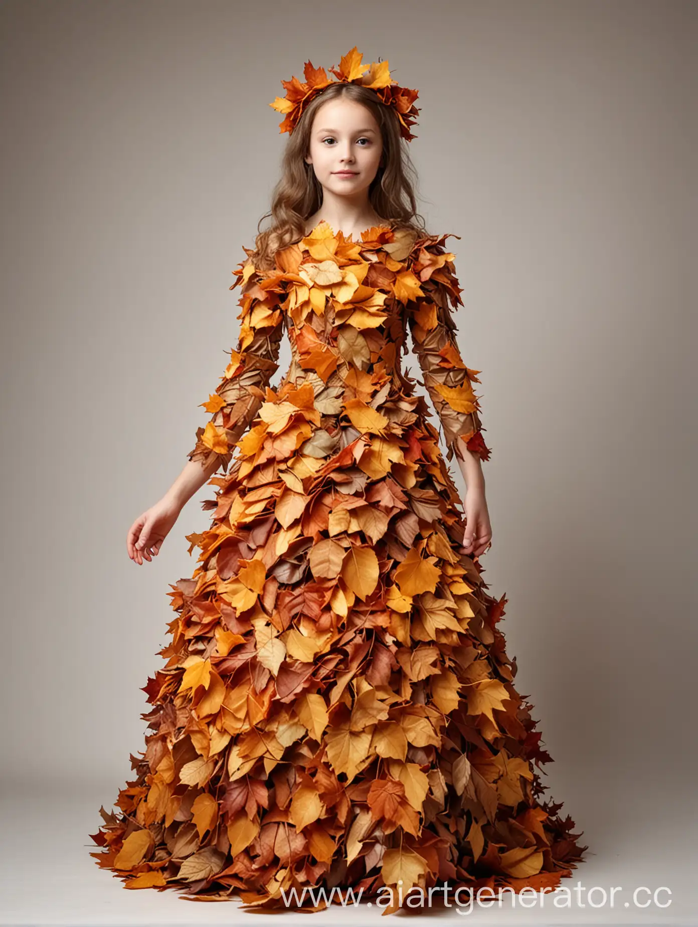 Girl-in-Magic-Dress-of-Autumn-Leaves-on-White-Background