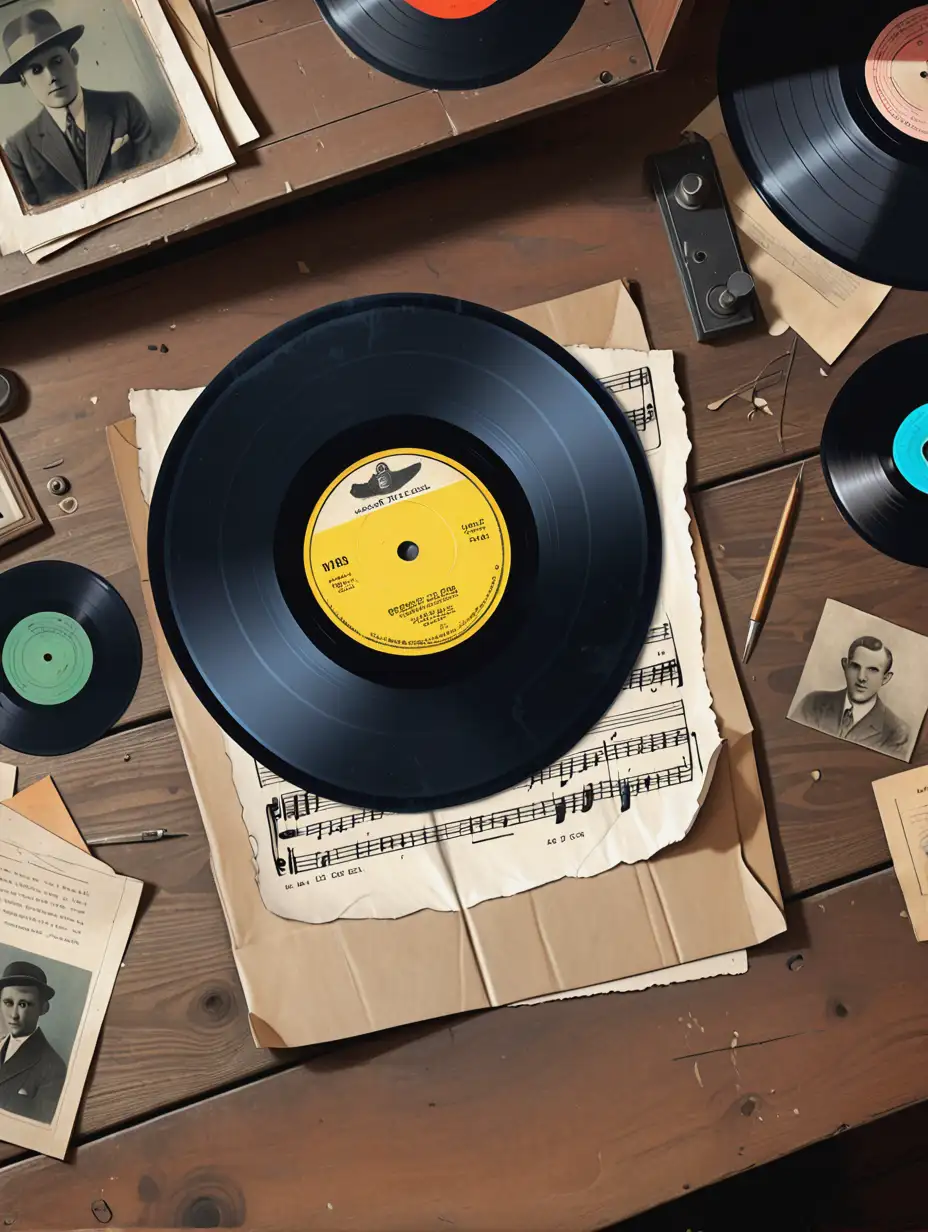 Vintage 1920s Vinyl Record on Antique Wooden Desk