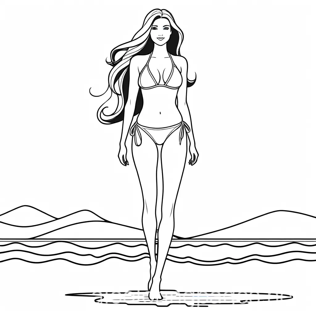 Woman in a bikini full body with long hair, Coloring Page, black and white, line art, white background, Simplicity, Ample White Space. The background of the coloring page is plain white to make it easy for young children to color within the lines. The outlines of all the subjects are easy to distinguish, making it simple for kids to color without too much difficulty