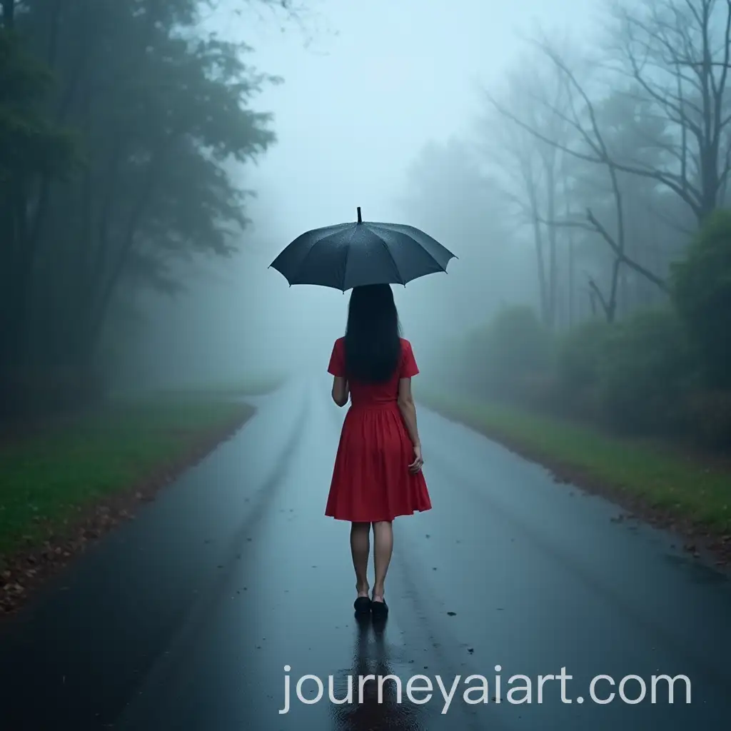 Girl-in-Red-Dress-on-Wet-Road-in-Foggy-Weather-with-Umbrella-Blown-Away-by-Wind