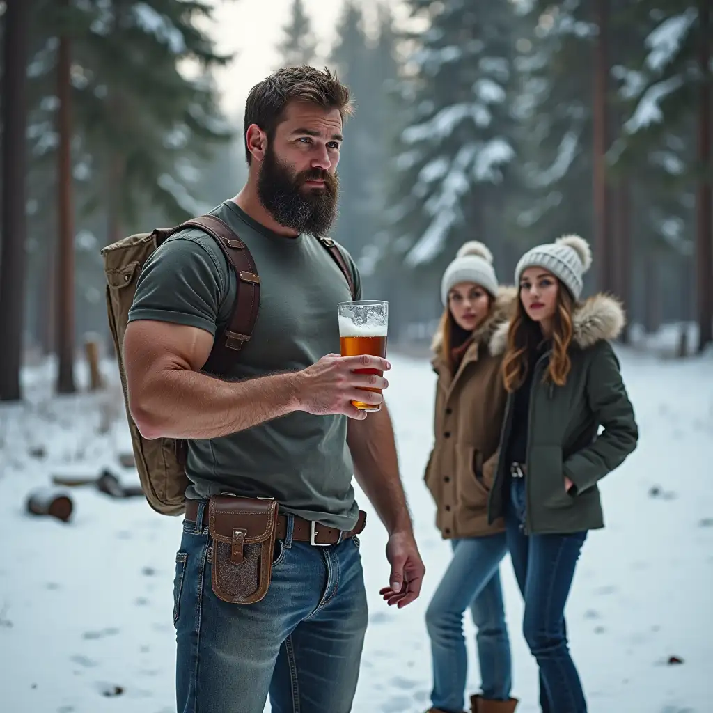 Rugged-Lumberjack-in-Snowy-Forest-with-Admiring-Women-and-Cold-Beer