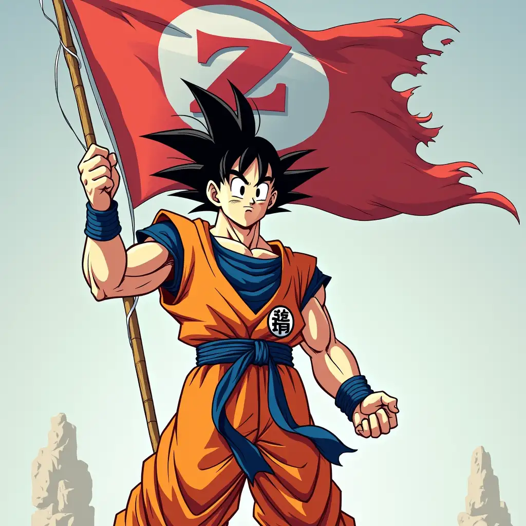 Goku holding a flag that has the letter Z