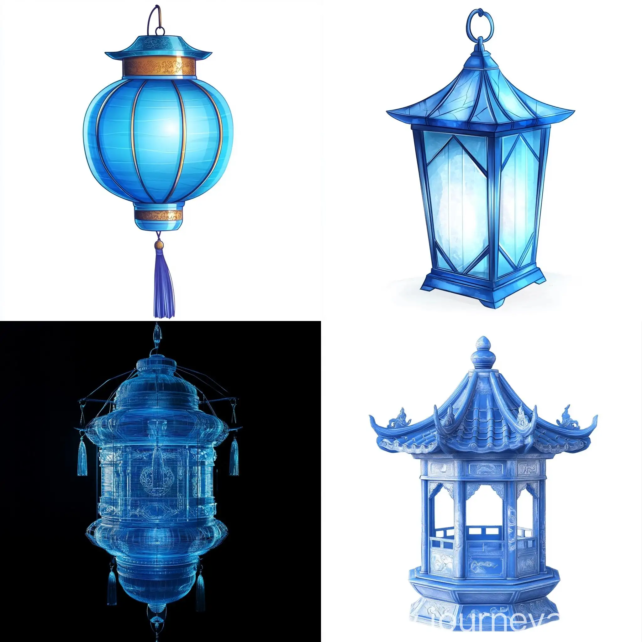 Blue-ThreeDimensional-Lantern-Structure-on-Transparent-White-Background