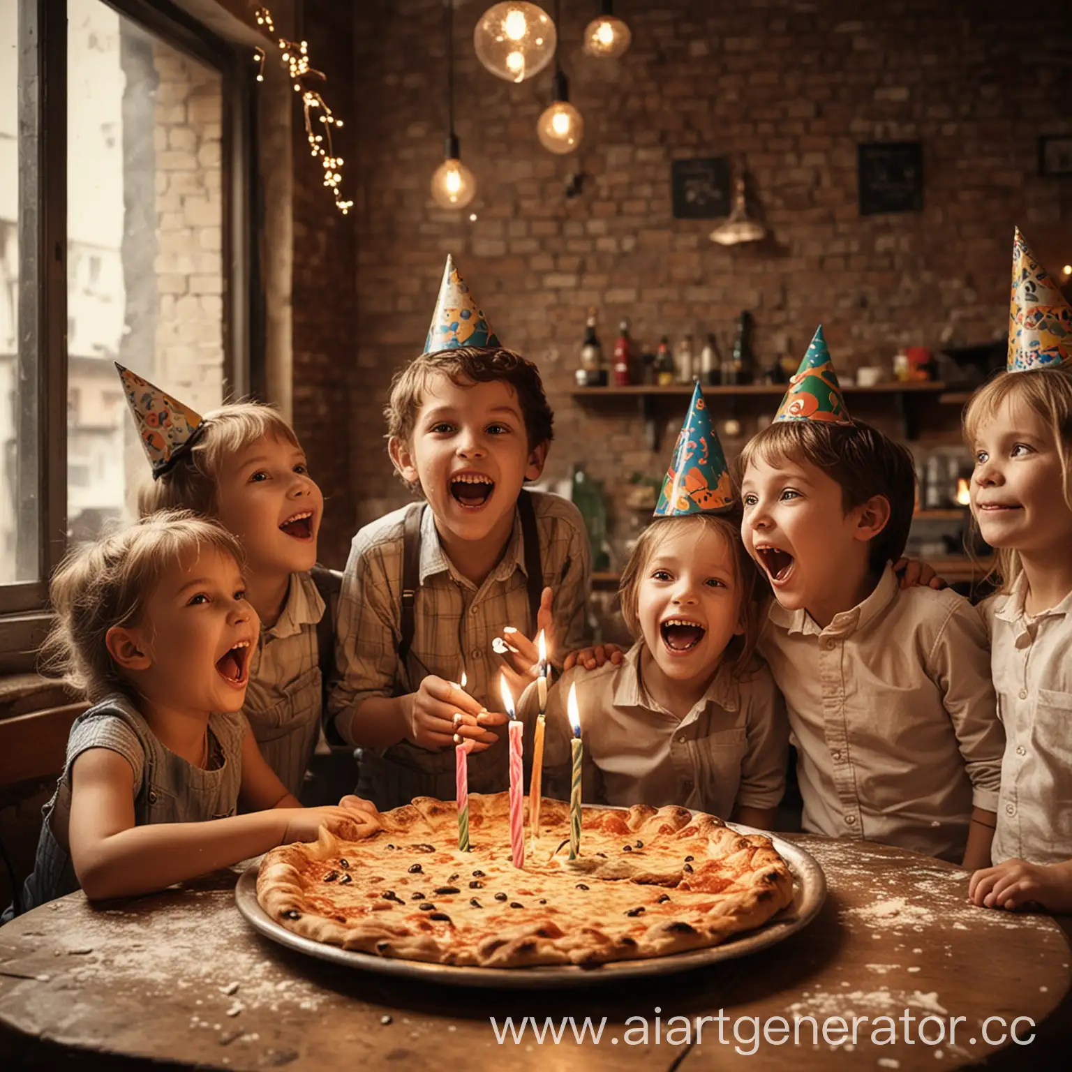 Children-Celebrating-Birthday-in-Pizzeria