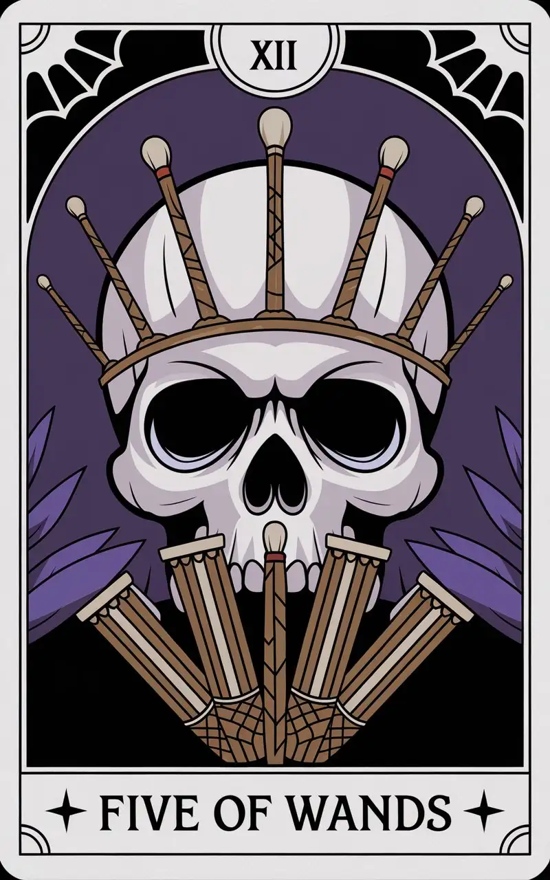 Gothic Skull Tarot Card with Five Wands Typography