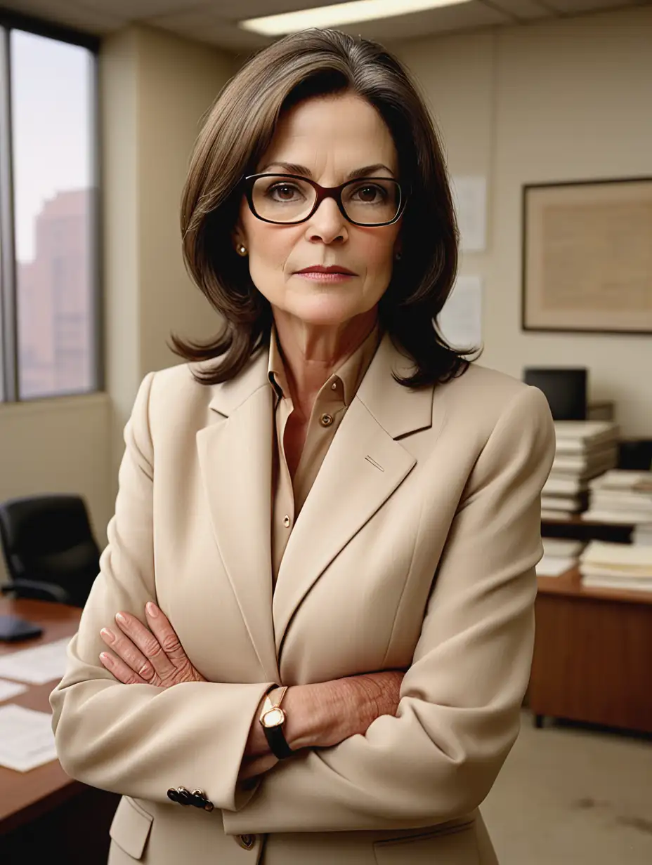 Lisa Feldman Barrett, 60 years old, glasses, straight brown hair, talking, hands folded, stands in an old office, beige business suit Dior, warm tone, Closeup profile angle portrait , -ar 2:3