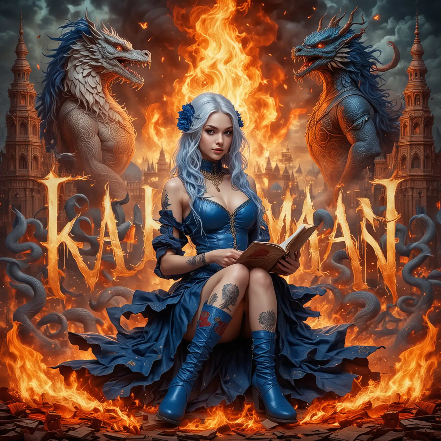 Enigmatic Witches in Blue Outfits with Fire and Hindu Elements