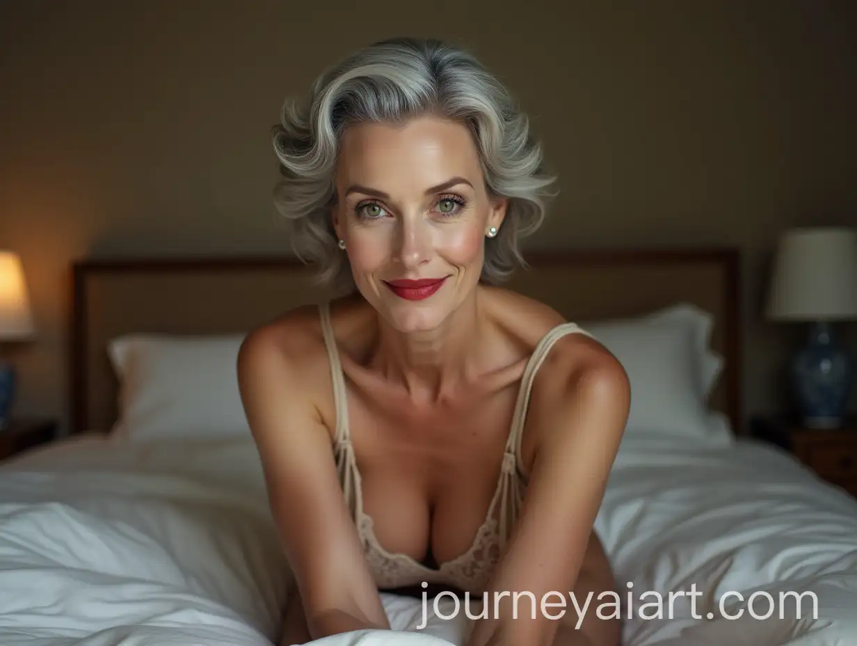 Elegant-Mature-Woman-with-Gray-Hair-and-Red-Lips-Posed-on-Bed
