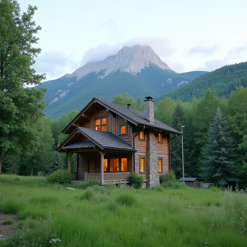 Wooden house with green forest and mountain background