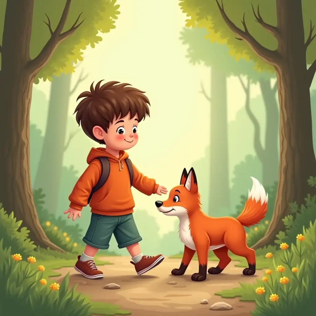 little boy gently walks with his hound puppy,  discover a baby fox in the woods. Cartoon illustration, storybook for kids 