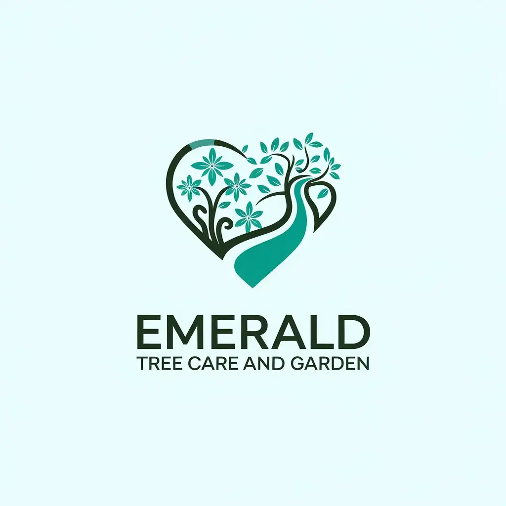 LOGO Design for Emerald Tree Care Heart Tree with Flowers and River in Turquoise