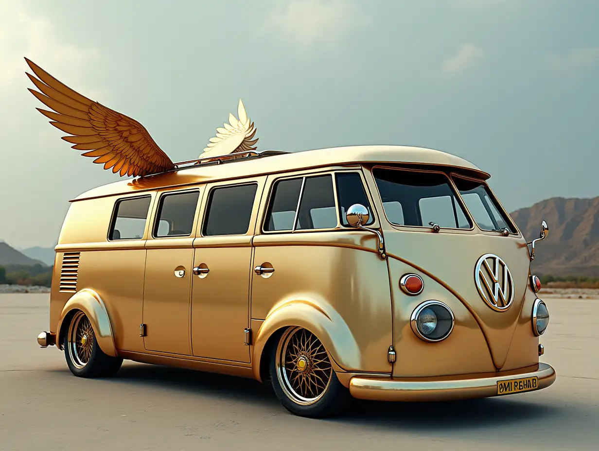 Create a minibus with wings on the back, lowered, aluminum wheels, mother of pearl color and gold body Steampunk