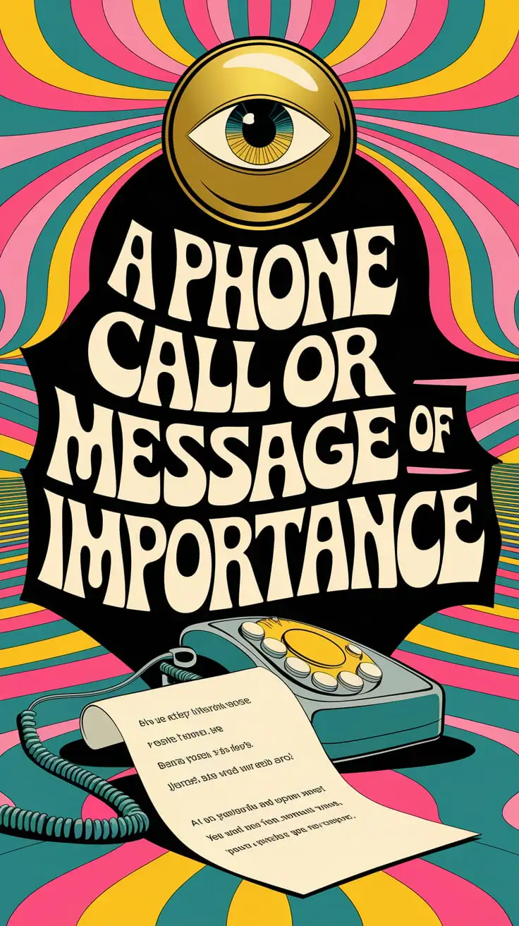 Trippy psychedelics background with a 60's 70's vibe oracle card design with an image that goes along with the text. 'A phone Call or message of importance' typography