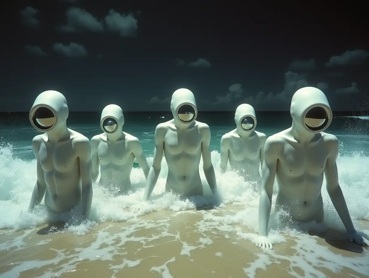 Surreal-Fantasy-of-Mutant-Men-in-the-Rough-Sea-with-Chrome-Faces