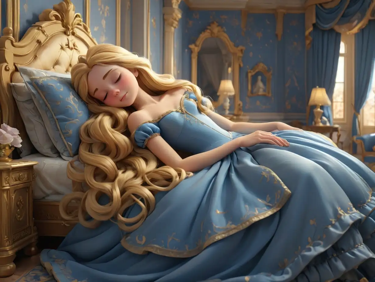 Wide-angle, side view of a princess with long golden hair wearing a blue dress, sleeping on a bed, in a luxurious bedroom in a palace, 3d disney inspire