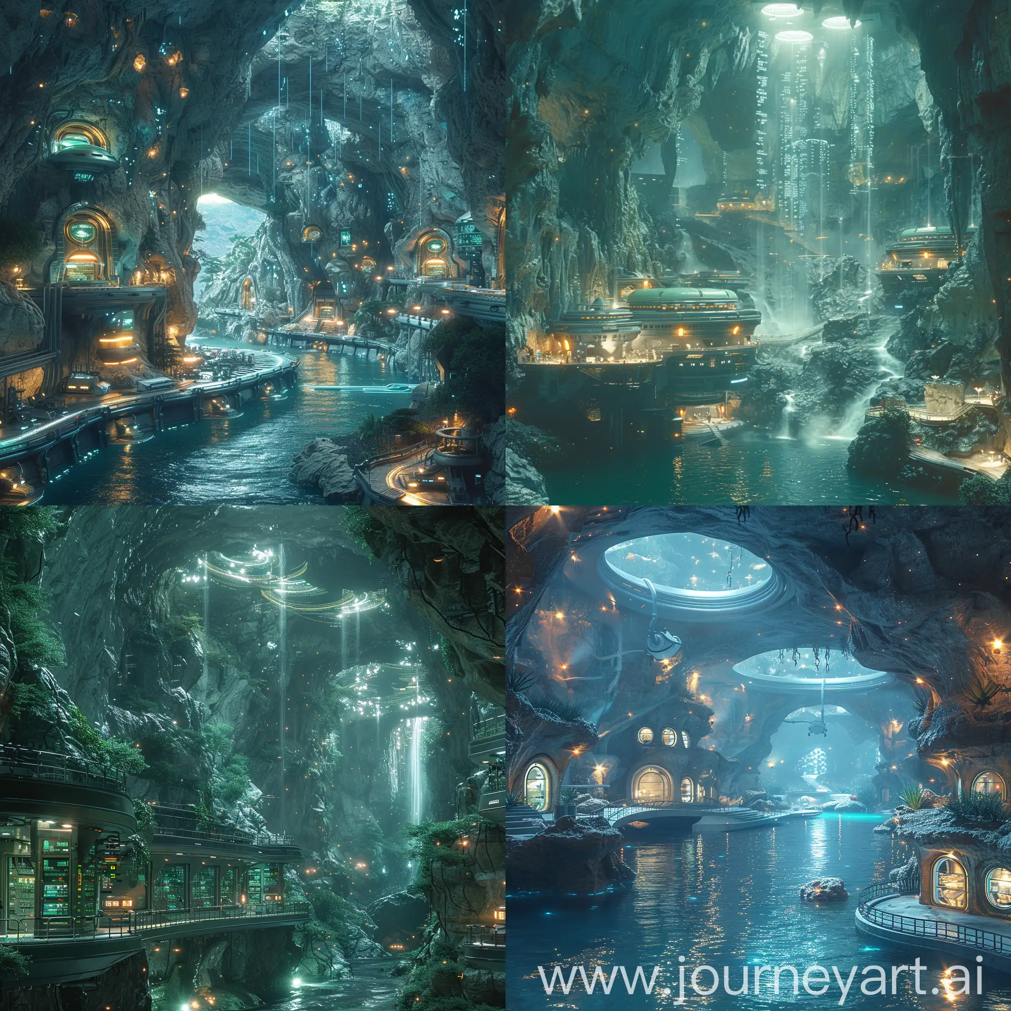 Futuristic-Cave-with-Bioluminescent-Plants-and-HighTech-Research-Station