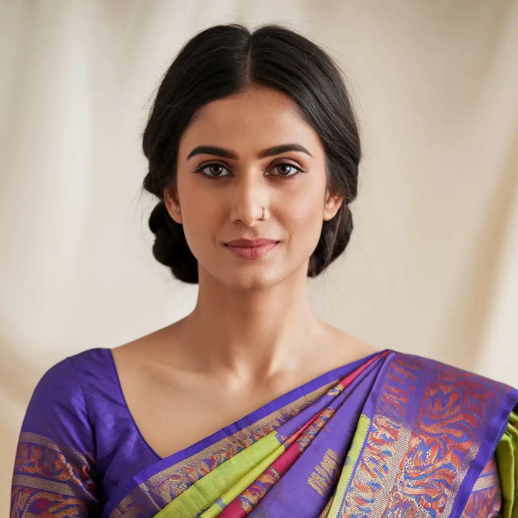 Create a front-facing portrait of an Indian woman model wearing a traditional saree, with her hair styled in an elegant way that is swept back to ensure her neck and shoulders are fully visible. She is not wearing any jewelry, allowing for a clear view of the neck area to highlight where jewelry could be showcased. The saree is vibrant and features intricate traditional patterns. The background is neutral and softly blurred, keeping the focus on the model and the potential placement of jewelry.both ears are appearing but no wearing earrings