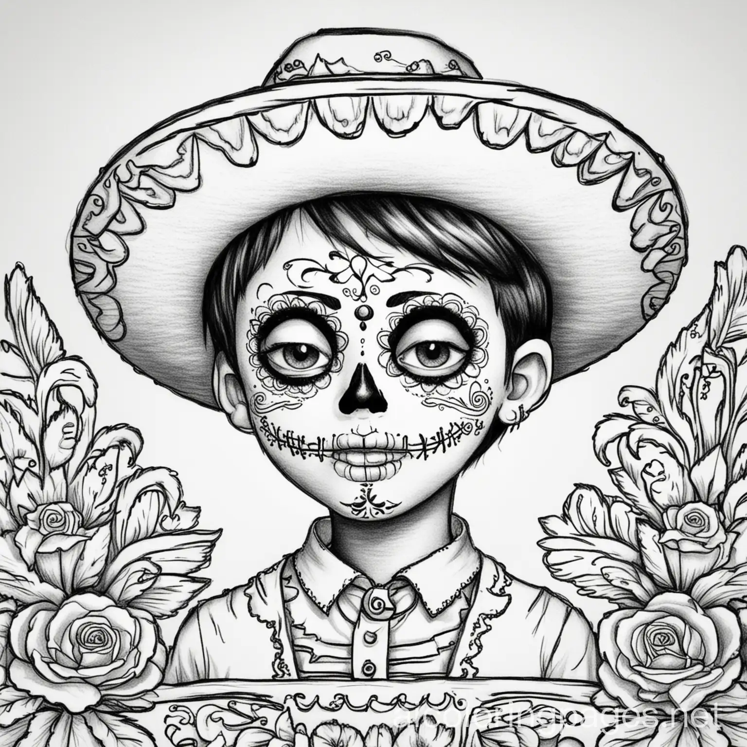 Boy in méxico celebrsating Day of the dead, Coloring Page, black and white, line art, white background, Simplicity, Ample White Space. The background of the coloring page is plain white to make it easy for young children to color within the lines. The outlines of all the subjects are easy to distinguish, making it simple for kids to color without too much difficulty