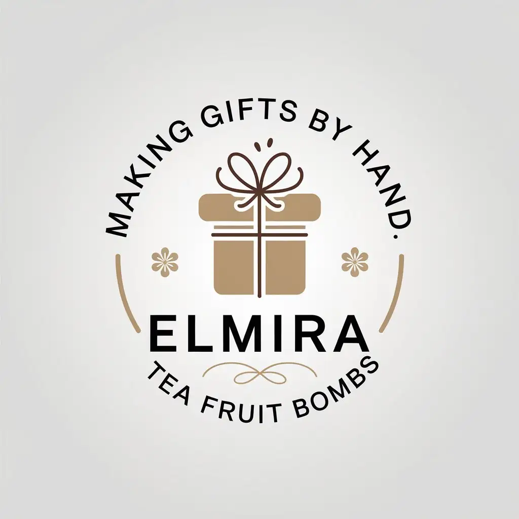 a vector logo design,with the text "Making gifts by hand, Elmira, tea fruit bombs", main symbol:Gift , Elmira,Minimalistic,be used in Others industry,clear background