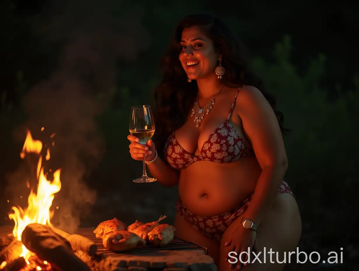 thick woman,indian, thick thighs,bikini, jewelery, roast Chicken over an open fire , enjoying wine, steak on griller,night