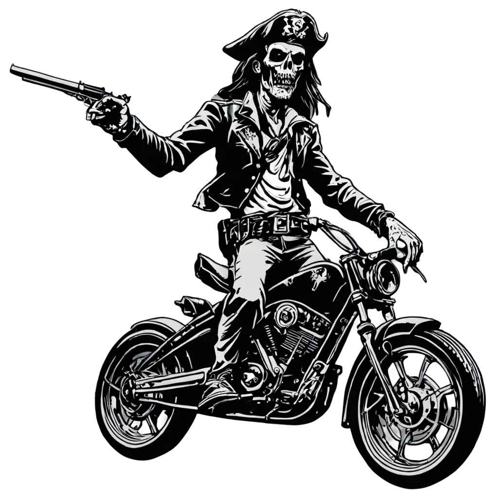 Scary-Zombie-Pirate-with-Revolver-on-Custom-Motorcycle-PNG-HighQuality-Black-and-White-Line-Art