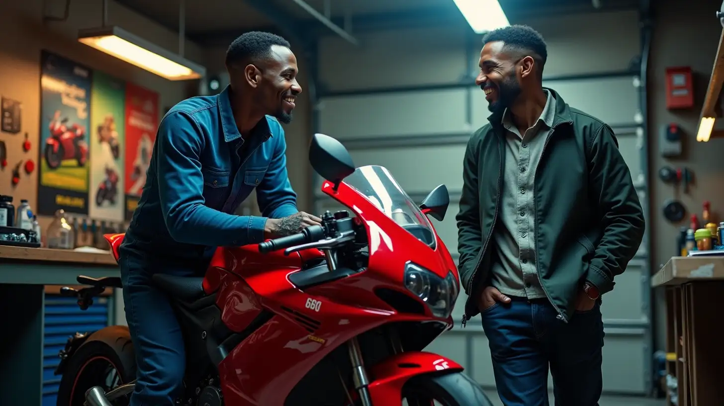 Young Mechanics Engaged in Passionate Discussion over a Red Superbike