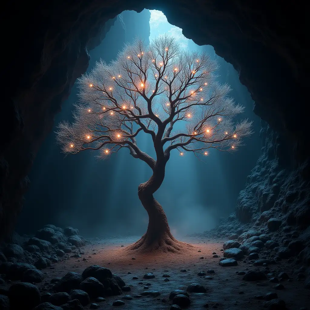 dark high contrast render of a psychedelic tree of life illuminating dust in a mystical cave