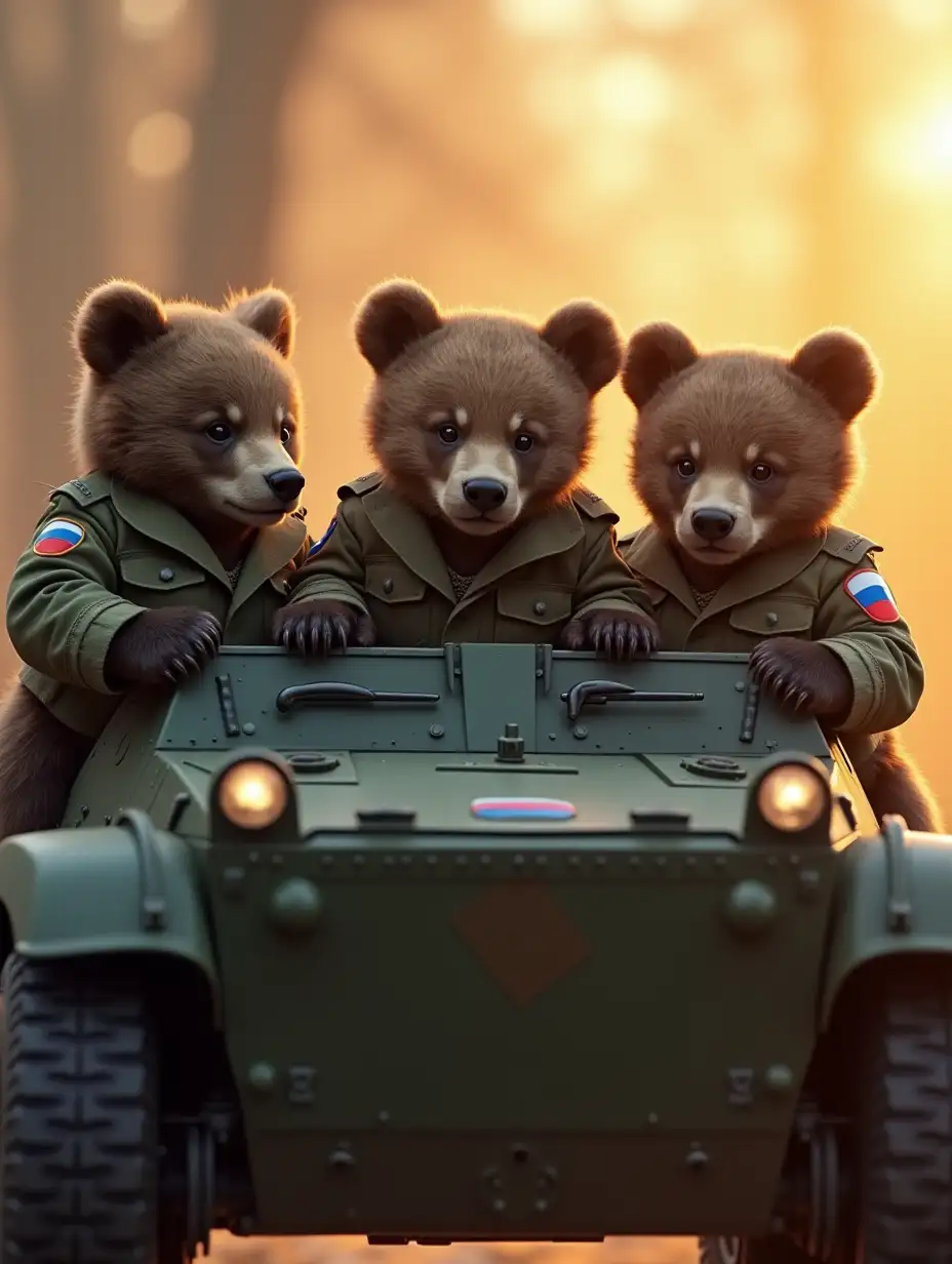 close-up of three small cubs (cubs of a bear) dressed in the uniform of the Russian army, with chevrons with the Russian flag, trying to climb into a small armored personnel carrier, sunset lighting, background blurred, photorealism