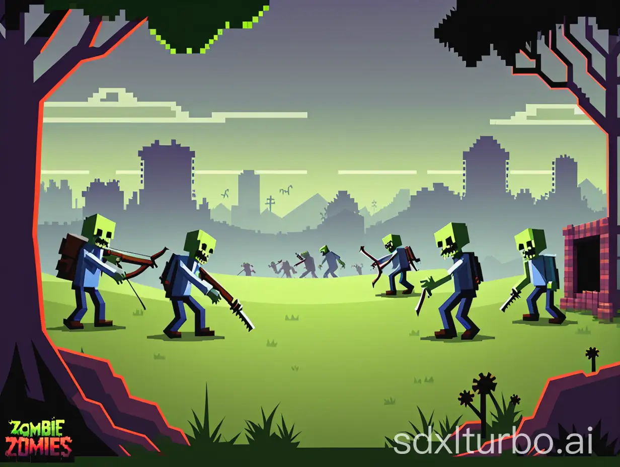 Zombie-Game-Start-Menu-with-Pixel-Background-Featuring-Grass-Landscape-and-Bow-Defense