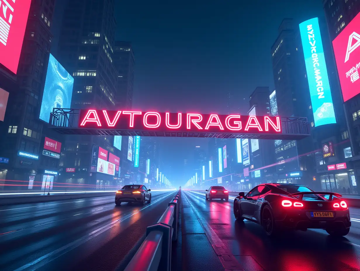 The hyper-realistic, high-fidelity Avtouragan logo in the red-white fantasy style sits above a futuristic cityscape with flying cars and holographic billboards shimmering in electric blue and neon pink. Below the logo is a subheading with the text “4.0”.