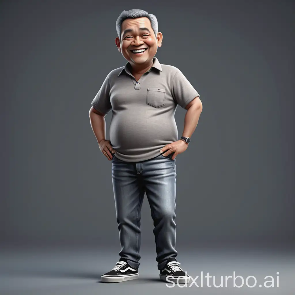 Full body 3D caricature photo of a handsome 60 year old Indonesian man with neat short hair, chubby, medium fat body, wide smile. Jersey with black, jeans, Vans shoes, gray back ground, realistic image with full ultra HD details. Use the RenderMan renderer. 3D. digital art. High definition, high contrast, high color saturation., photos, illustrations, 3d rendering, cinematic, photo, 3d render, typography, fashion, product