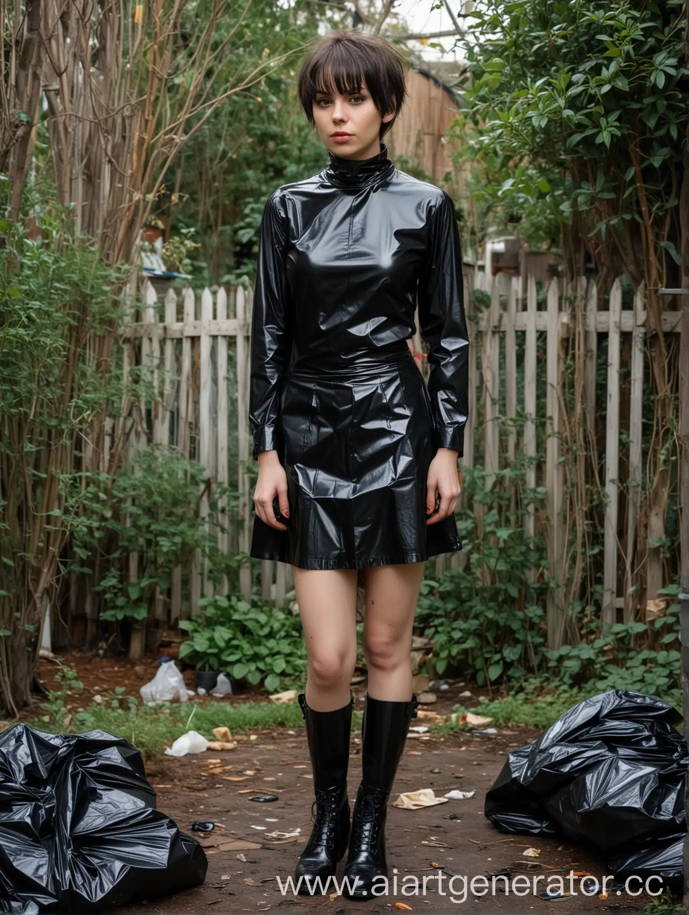 Gothic-Girl-in-Latex-Outfit-Holding-Garbage-Bag-in-a-Dark-Garden