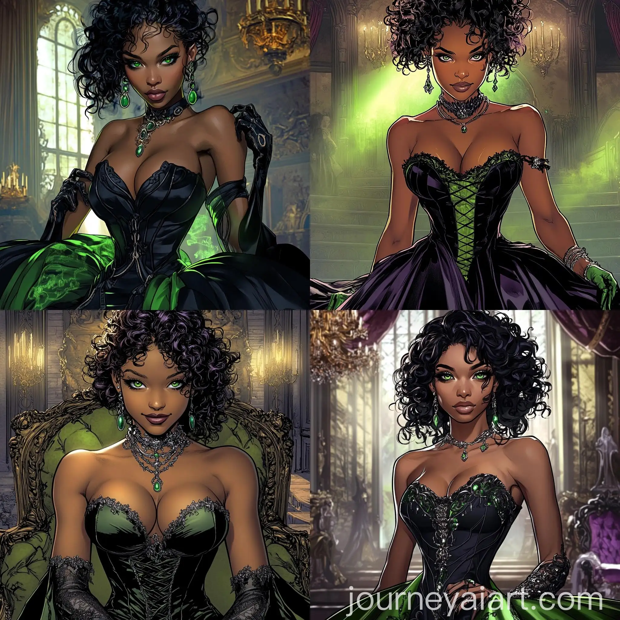 Comic-Style-Biracial-Woman-in-Black-and-Green-Ball-Gown-Dress
