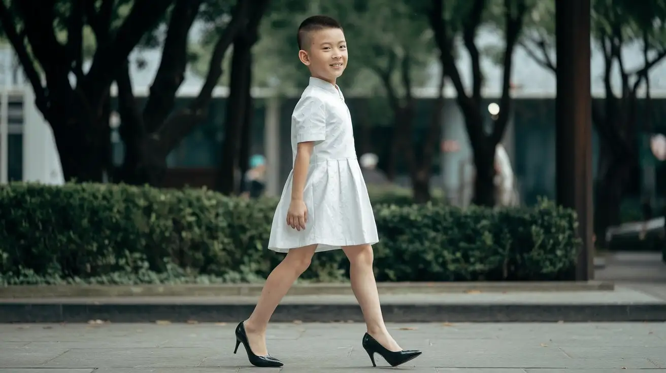 little young chinese boy wear white dress and black high heels and walking to school and short hair and long legs and smiling