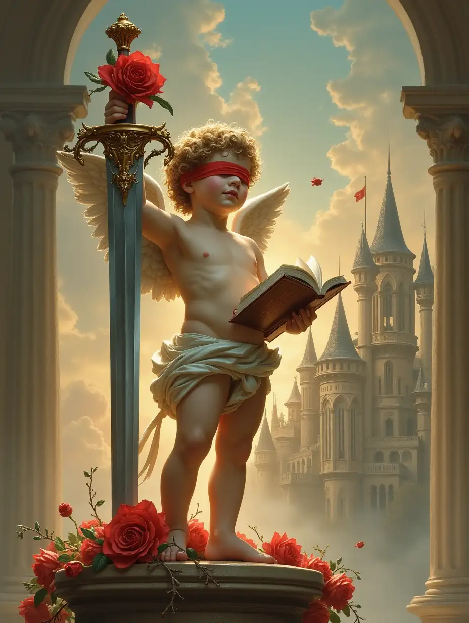 A captivating and imaginative illustration inspired by Joaquín Sorolla's renowned style. A blindfolded cherub takes center stage, standing proudly on a grand pedestal. With a strong, determined expression, the cherub raises a colossal, majestic sword with his right hand. The sword's handle is adorned with a vibrant red rose, while the blade is entwined with a thorny branch, adding a mysterious and enchanting touch. The cherub's left hand cradles an open book, underlining the significance of knowledge and understanding. The background reveals an intricately detailed castle, bathed in a soft, golden glow that highlights its grandeur. This breathtaking illustration masterfully combines elements of mythology, symbolism, and artistry to create a truly mesmerizing scene.