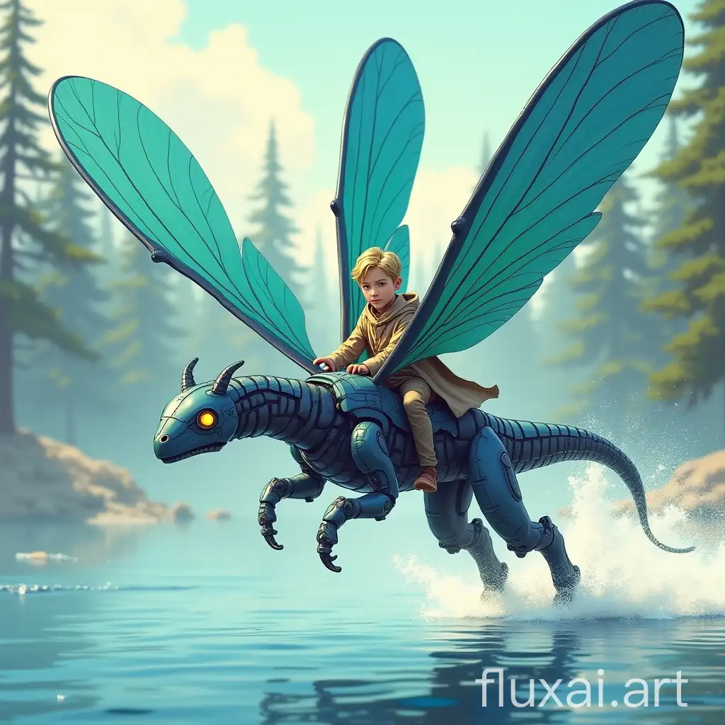 dragonfly robot with blue and green wings, on his back in the saddle young thin man Jedi rider narrow open face blond hair, fast flight over the lake, splashes of water, pine trees in the background, Japanese graphics