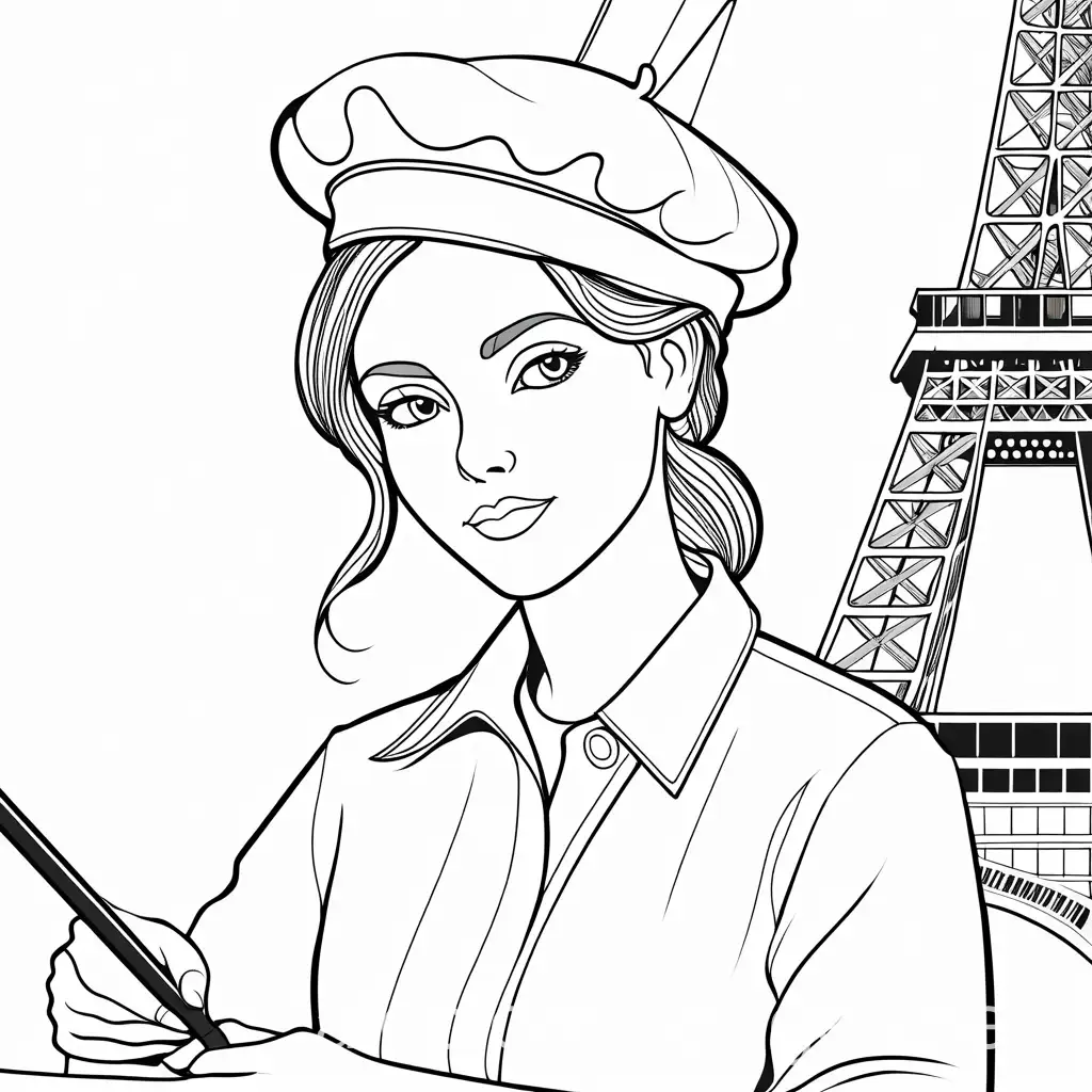 French-Female-Painter-Coloring-Page-with-Beret-in-Line-Art-Style